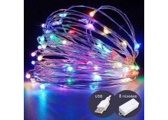 Гірлянда роса 100LED 10,0м, 8реж, прозорий дріт. мульти колір. USB. 1901-01 (100...