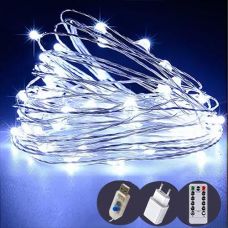 Гірлянда роса 100LED 10,0м, 8реж. прозорий дріт. білий колір USB. пульт р/к. 1900-03 (100)