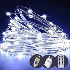 Гірлянда роса 300LED USB. 30.0м. зелений дріт. пульт д/к. 8 режим. білий колір 1903-03 (50)