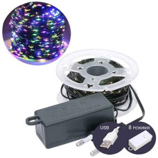 Гірлянда роса на котушці 500LED 100,0м. 8реж. зелений дріт. мульти колір. USB. 19090-01 (100)