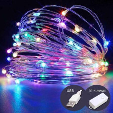 Гірлянда роса 100LED 10.0м. прозорий дріт. 8реж. мульти колір. USB 1901-01 (100)