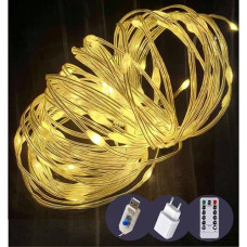 Гірлянда роса 100LED 10.0м. 8реж. прозорий дріт. теплий білий колір. USB. пульт р/к. 1900-07 (100)